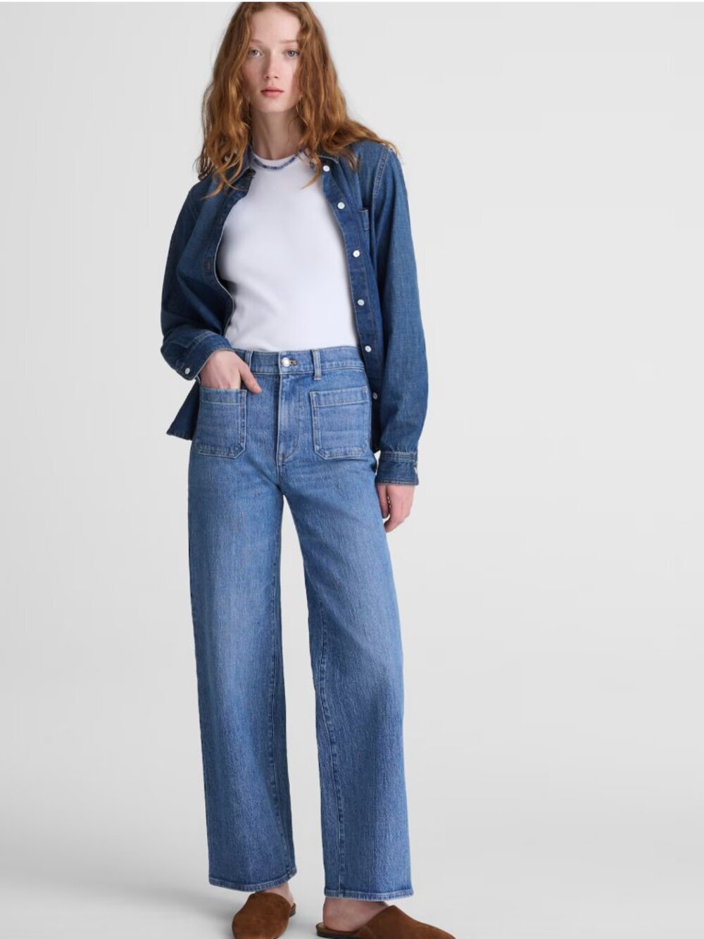 NWT Madewell Emmett Wide-Leg Full Length Jean: Patch Pocket in Driftwater Wash